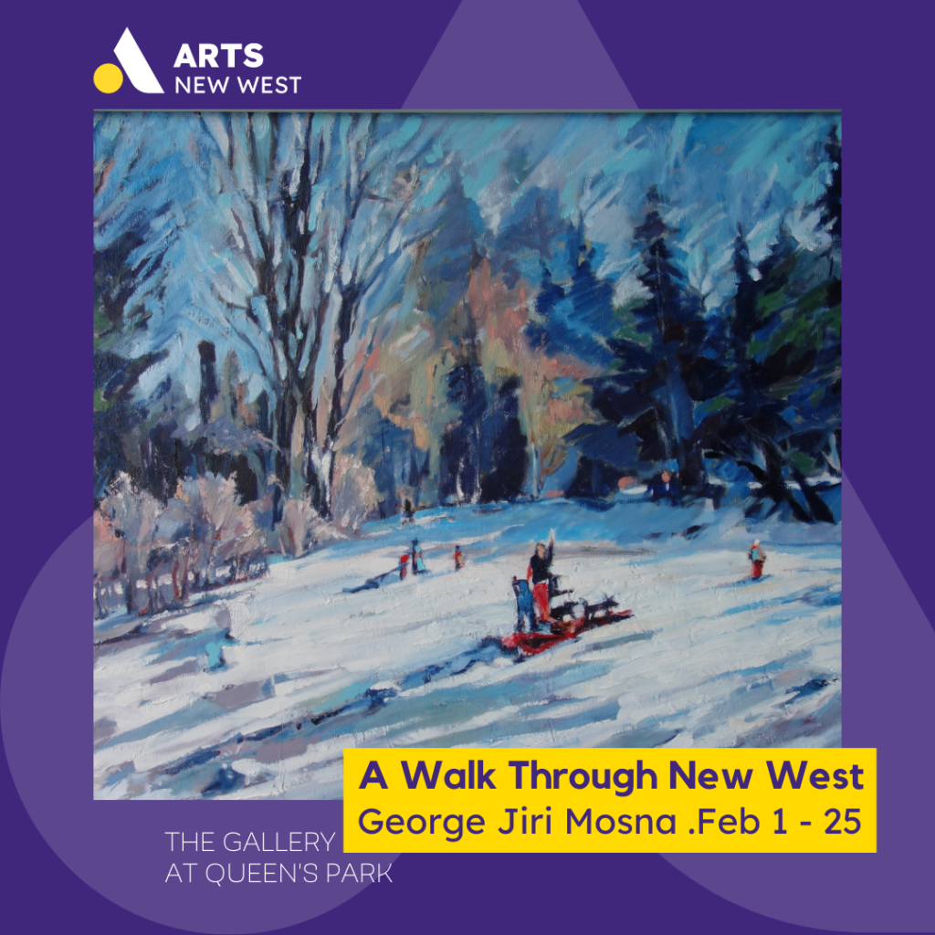 gallery exhibition poster featuring families sledding down a snowy hill.