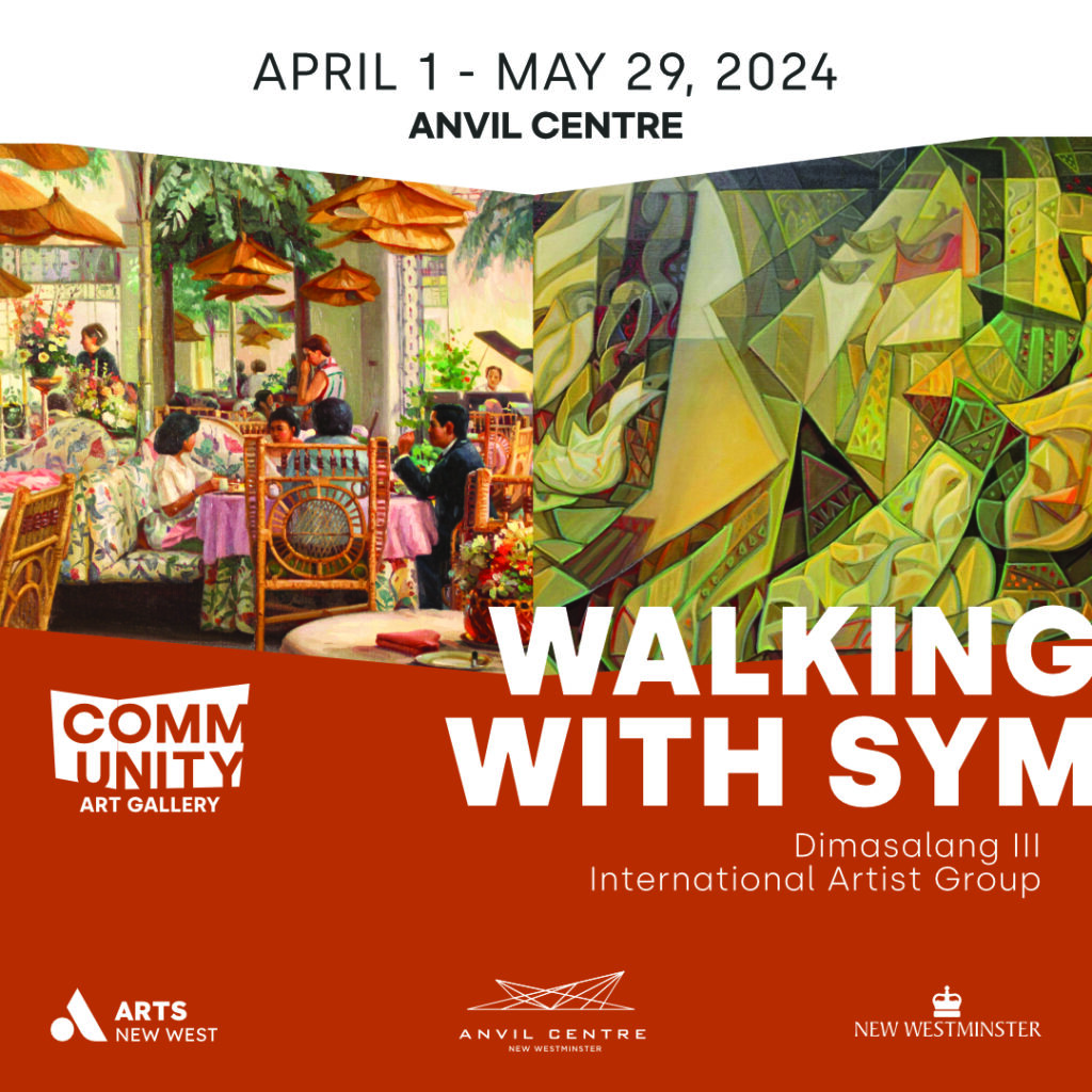 A selection of works in green and yellow. A burnt orange square at the bottom and the community art gallery logo. Text reads: April 1 - May 29 2024 Anvil Centre. Walking with SYM. Dimasalang iii International Artist Group