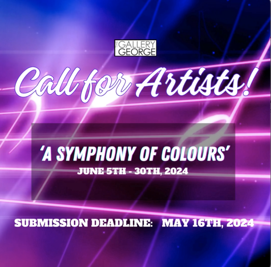 A purple and blue background of neon lights with white text that reads: Call for Artists. A Symphony of Colours.