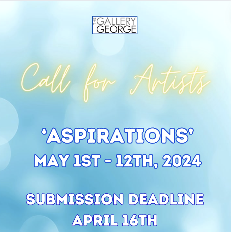 A blue image with yellow and purple text that reads: Call for Artists. Aspirations. May 1st to 12th.