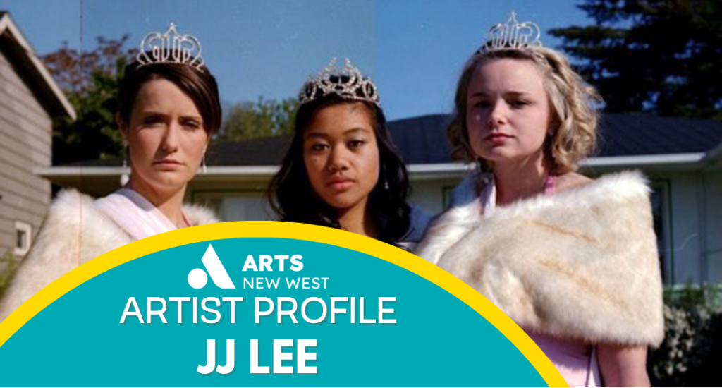 Three girls stand side by side wearing pink dresses with fluffy white boleros. They are wearing sashes and crowns. None of the girls are smiling. The Arts New West logo is featured. Text reads: Artist Profile, JJ Lee.