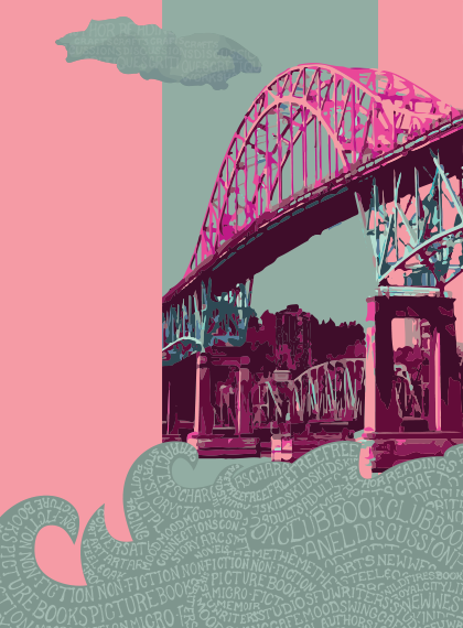 The Pattullo Bridge and train bridge leading into New Westminster coloured in pink and grey in the style of paper cut outs. The water is made up of words celebrating literature of all kinds.