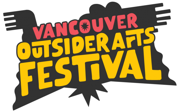 A black abstract shape on a white background with red and yellow text that reads: Vancouver Outsider Arts Festival