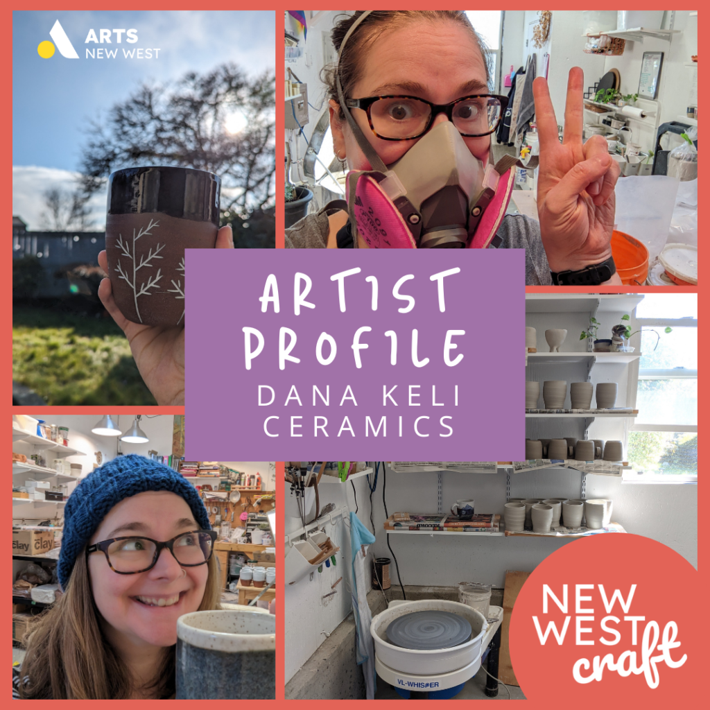 Four images in a collage of Keli and her ceramic mugs all in different colours and states of finish. The Arts New West and New West Craft logos are featured