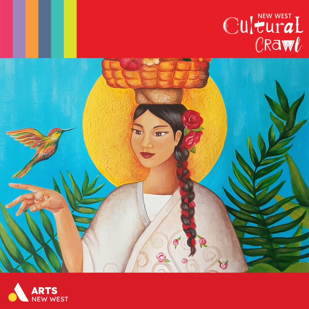 One of Clarissa's paintings featuring a woman with a long dark braid that has a red ribbon and red roses woven throughout. She smiles as she extends a finger for a bird to land on. There is a basket of fruit on her head and a bright golden sun behind her.