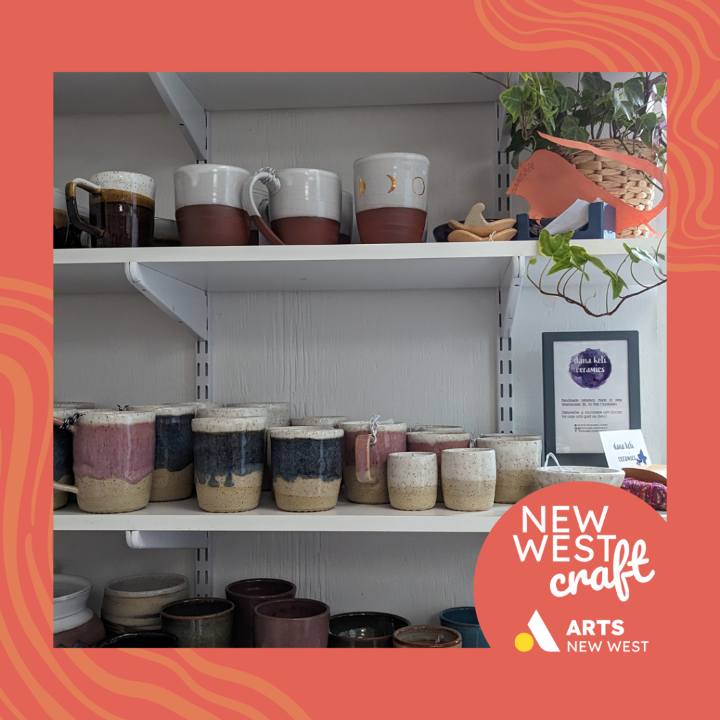 Three white shelves in Keli's home studio that display mugs in various sizes, colours, and textures
