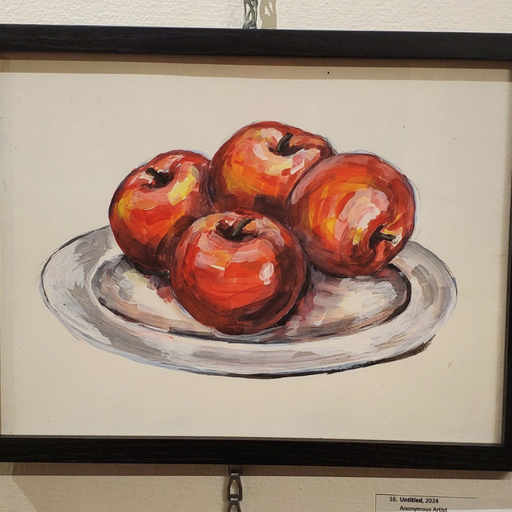 Four bright red apples sit on a silver plate. They are painted with large brushstrokes on a white canvas