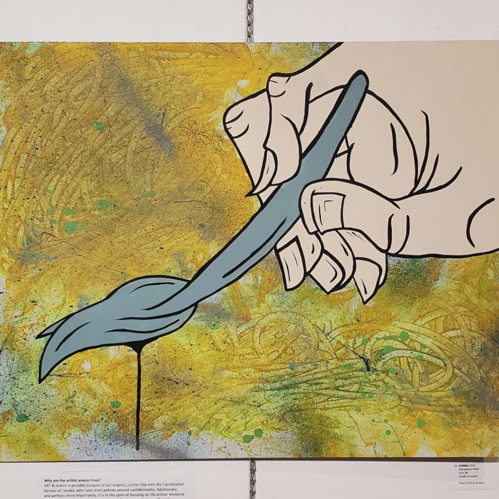 A hand with long nailed fingertips holds a faded blue paintbrush. The background is a wash of watercolour green, as if painted by the hand in the image