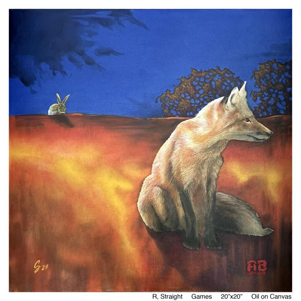 A fox sits on an orange field facing away from the dark blue sky. A rabbit pokes it's head over the edge of the field near some bushes.