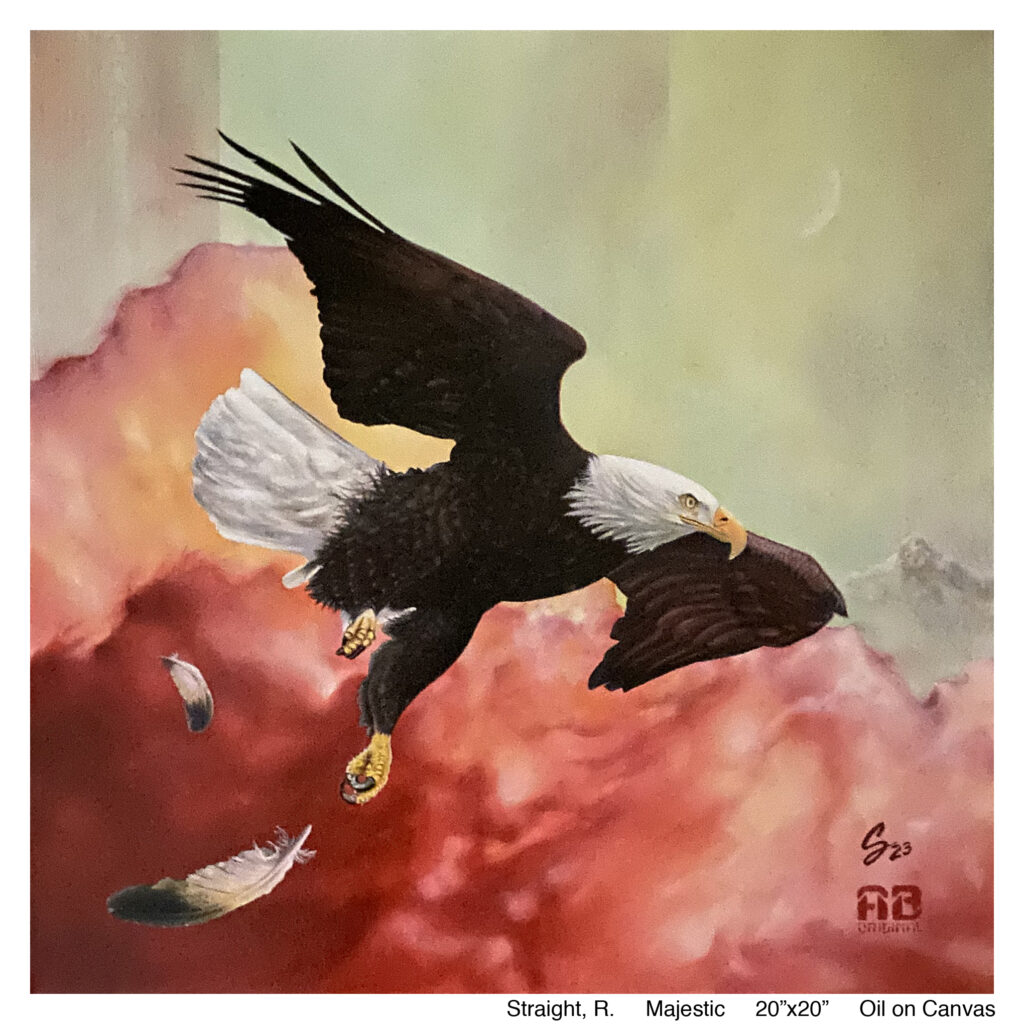 A great bald eagle soars over a painted wash of reds and yellow before a mountain range