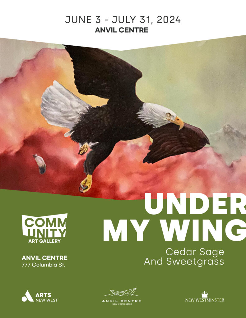 A great bald eagle soars over a painted wash of reds and yellow before a mountain range. In white text the post reads: Under My Wing, Cedar Sage and Sweetgrass