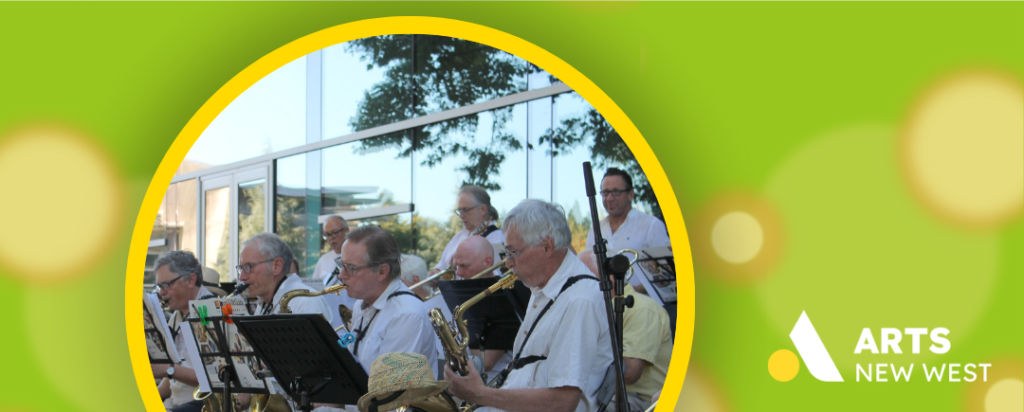 Circle photo on green background showing the South Van Big Band performing outside. The Arts New West logo is featured.