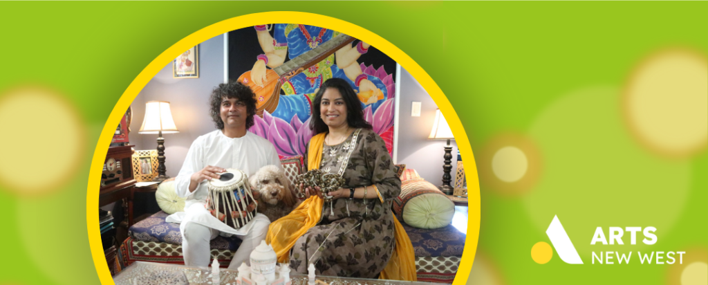 Circle photo on green background showing Cassius Khan, Amika Kushwaha, and their dog sitting together on a couch while holding their instruments. The Arts New West logo is featured.