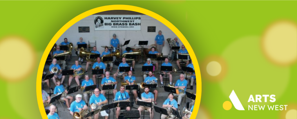 Circle photo on green background showing a group of tuba players sitting on stage. The Arts New West logo is featured