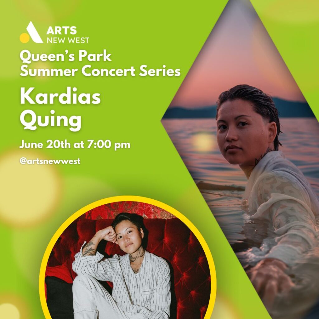 Kardias Quing in the ocean. Kardias Quing sitting on a red chair. White text on a green background reads, "Queen's Park Summer Concert Series. Kardias Quing. June 20th at 7:00 pm. @artsnewwest." The Arts New West logo is featured.