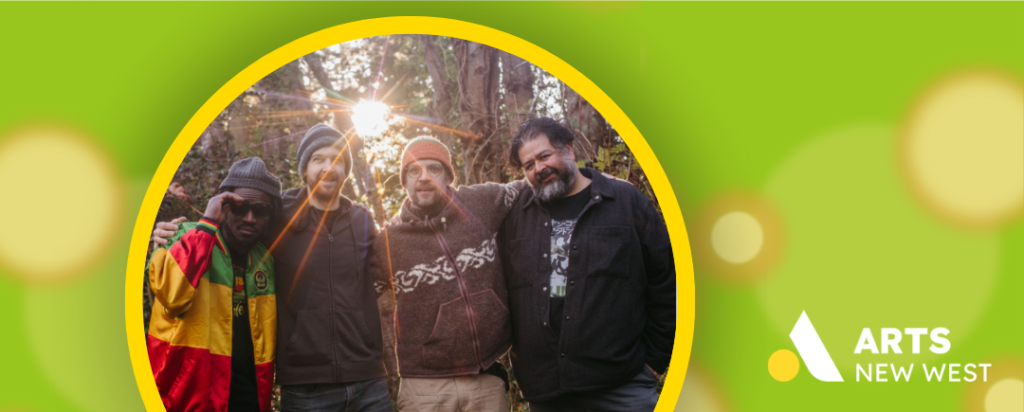 Circle photo on green background showing four men from Mivule standing close together with their arms around each other. The Arts New West logo is featured.