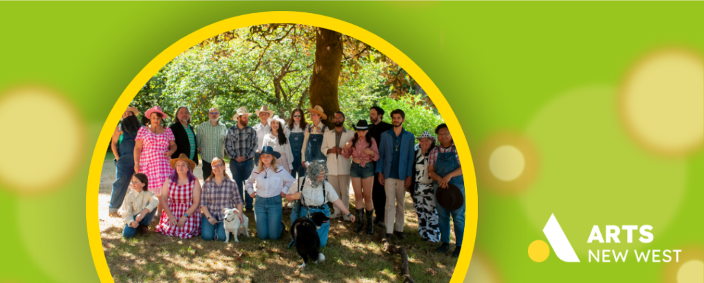 Circle photo on green background showing members of Shadows and Dreams come together outside in front of a tree. The Arts New West logo is featured.