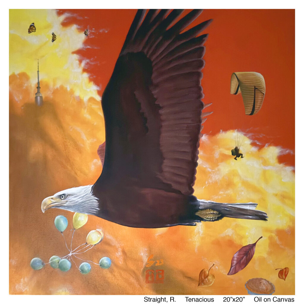 An eagle soars through a red and orange sky surrounded by leaves and balloons.