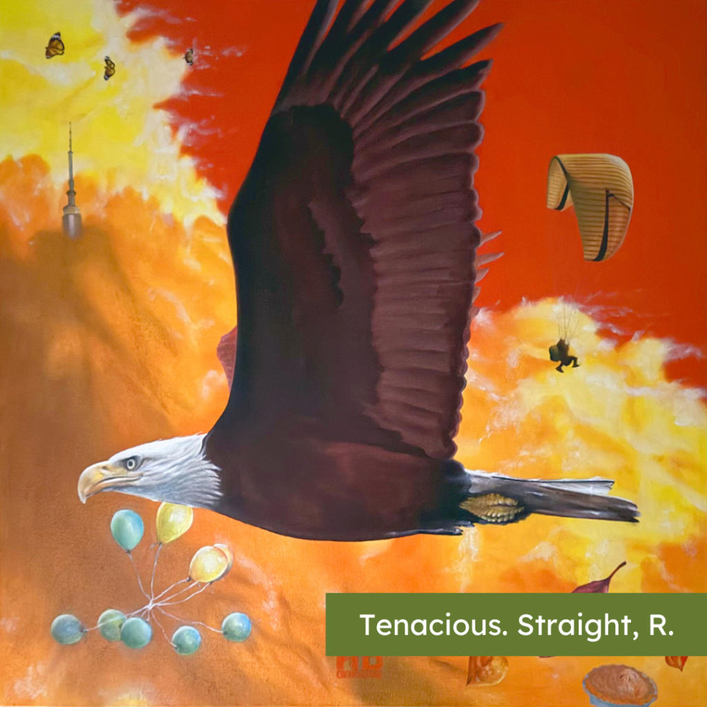 An eagle soars through a red and orange sky surrounded by leaves and balloons.