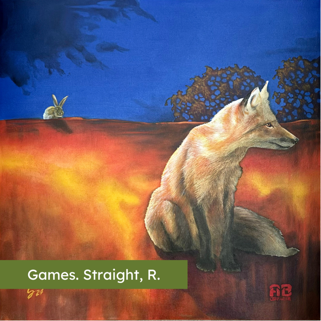 A fox sits on an orange field facing away from the dark blue sky. A rabbit pokes it's head over the edge of the field near some bushes.