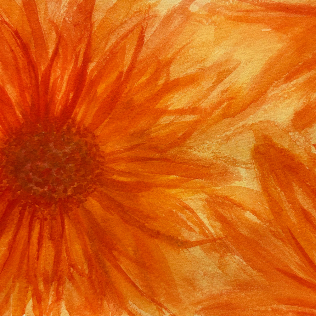 A close up painting of orange daisies.