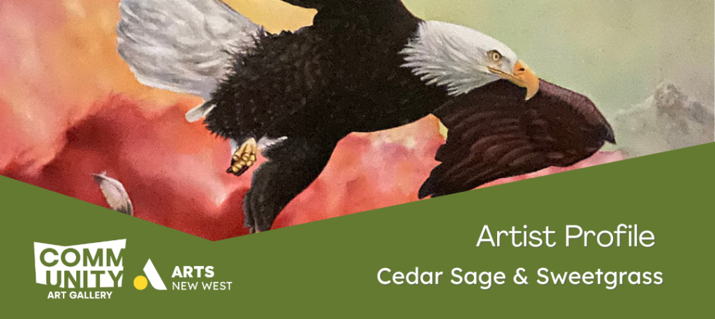 A great bald eagle soars over a painted wash of reds and yellow before a mountain range. In white text the post reads: Artist Profile, Cedar Sage and Sweetgrass. The Arts New West logo is featured