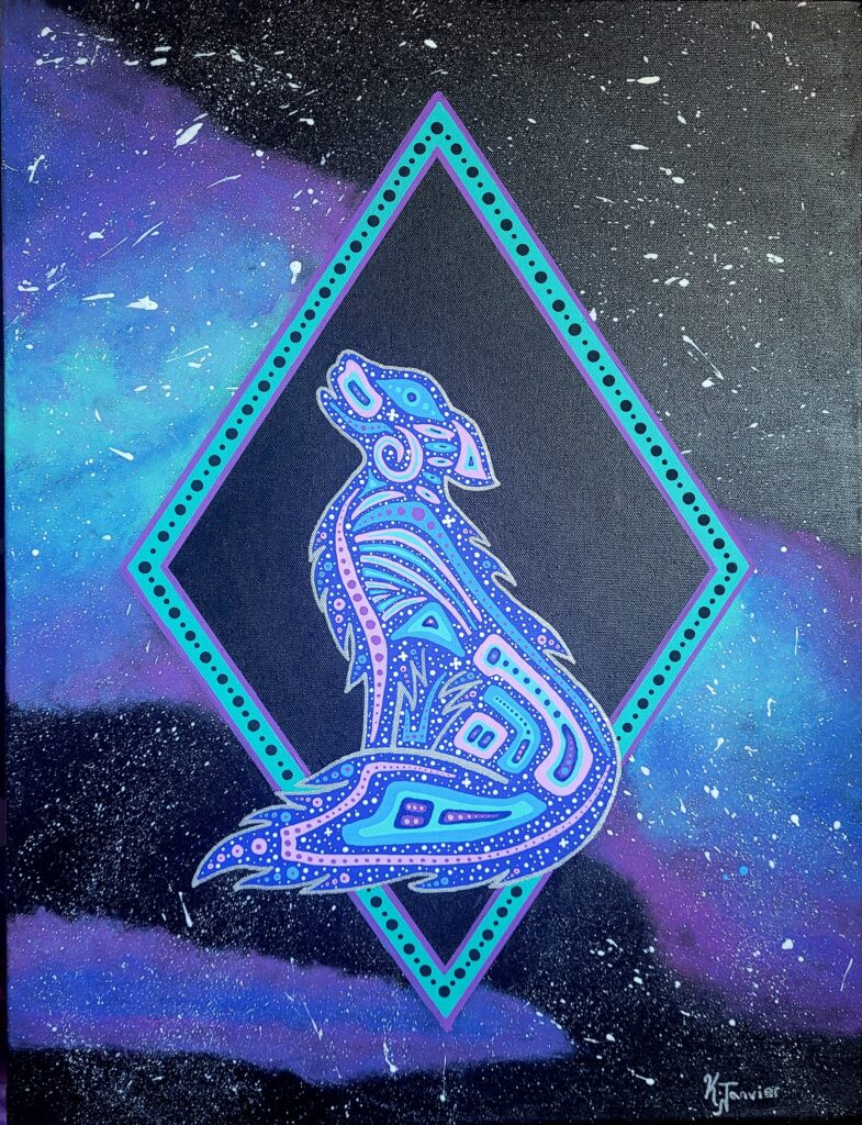 A blue and pink wolf howls into an abstract diamond shape that sits within a painting blue, purple and black starry sky.