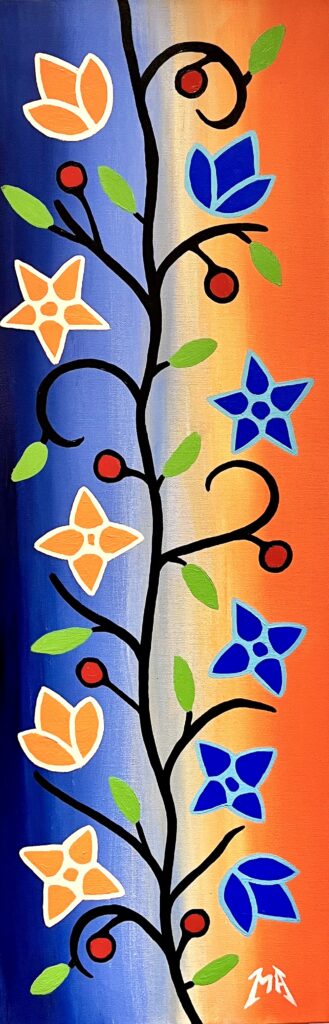 a black curling vine with red berries and green leaves stretches the length of the canvas. Orange and blue flowers sprout from the curves on top of a blue to orange gradient background.