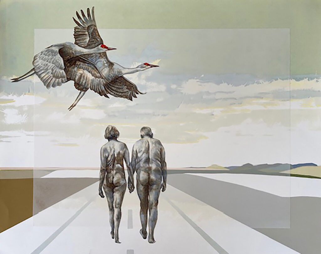 An elderly couple walks away from the viewer along an empty road, they are holding hands. Above, two birds fly through the cloudy sky.