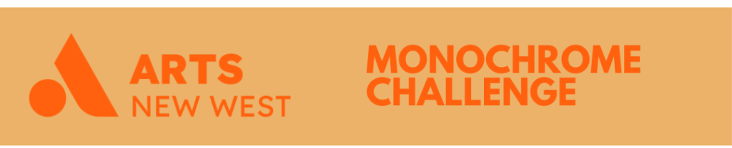A brown background with Orange text reads: Monochrome Challenge. The Arts New West logo is featured.