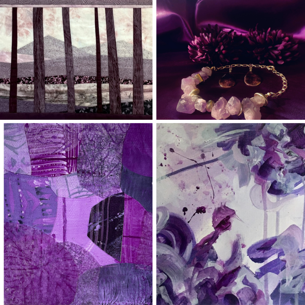 Four square images primarily in the colour purple. Image 1: Barren trees stretch wide over a quilted landscape. Image 2: Crystals bunch on one end of a bracelet laid on a silk sheet with dahlias in the background. Image 3: A quilted abstraction of various purple fabrics. Image 4: A wash of abstract watercolour brushstrokes across a lilac canvas.