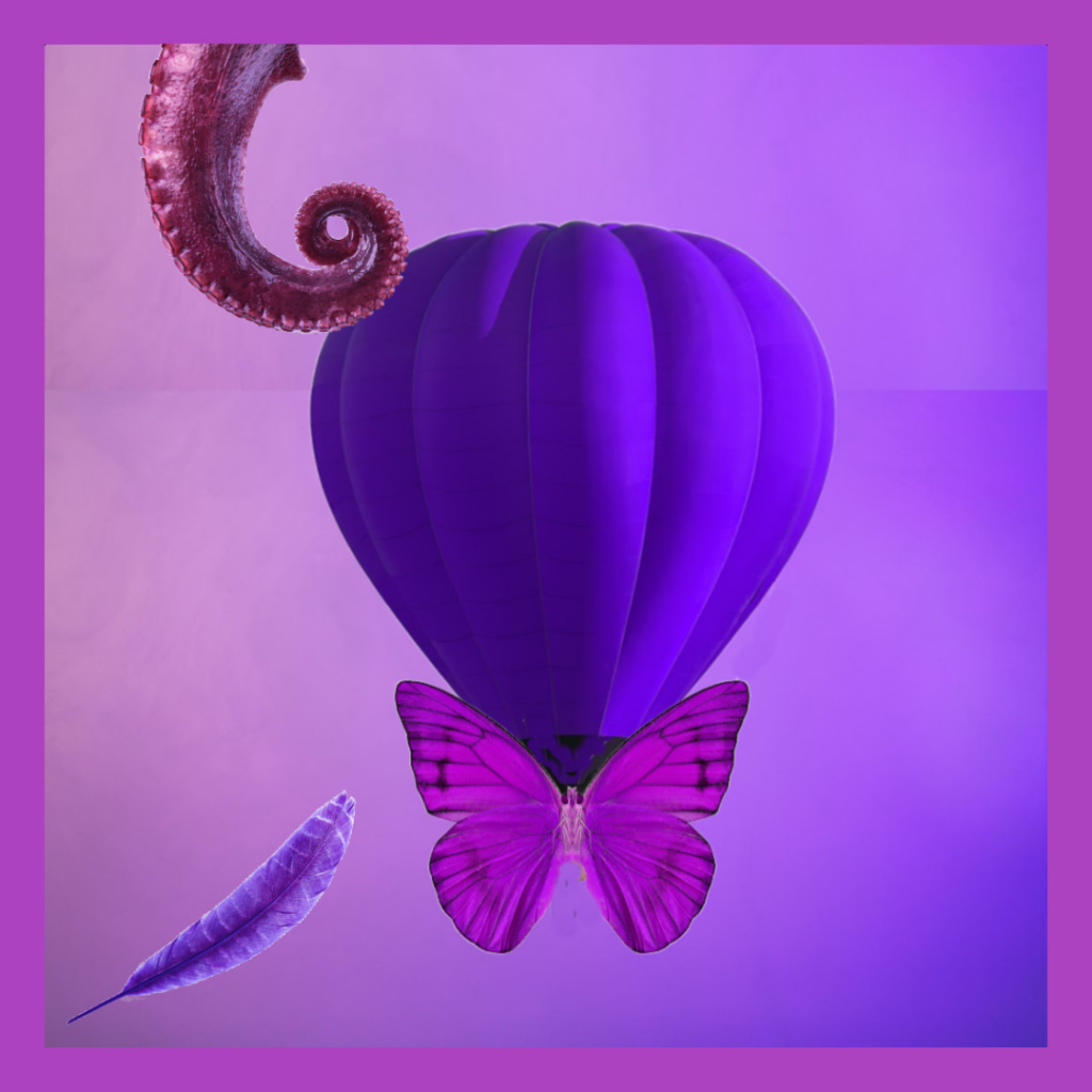 An octopus tentacle reaches down from the top of the image to curl at the top of a hot air balloon with a butterfly where the basket should be. A feather floats off to the bottom left.