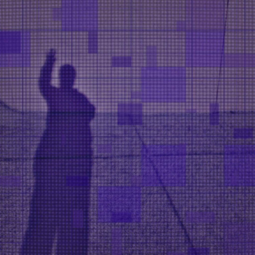 A shadow raises it's hand in greeting - a wave from the photographer - through pixelated squares.