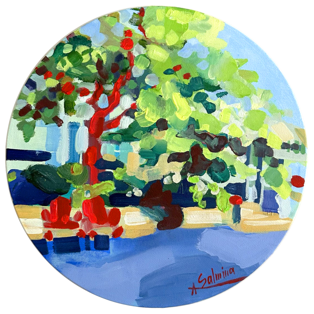 A large tree with green leaves reaches up from the centre-left of the painting to cover the sidewalk and benches overlooking a blue river.