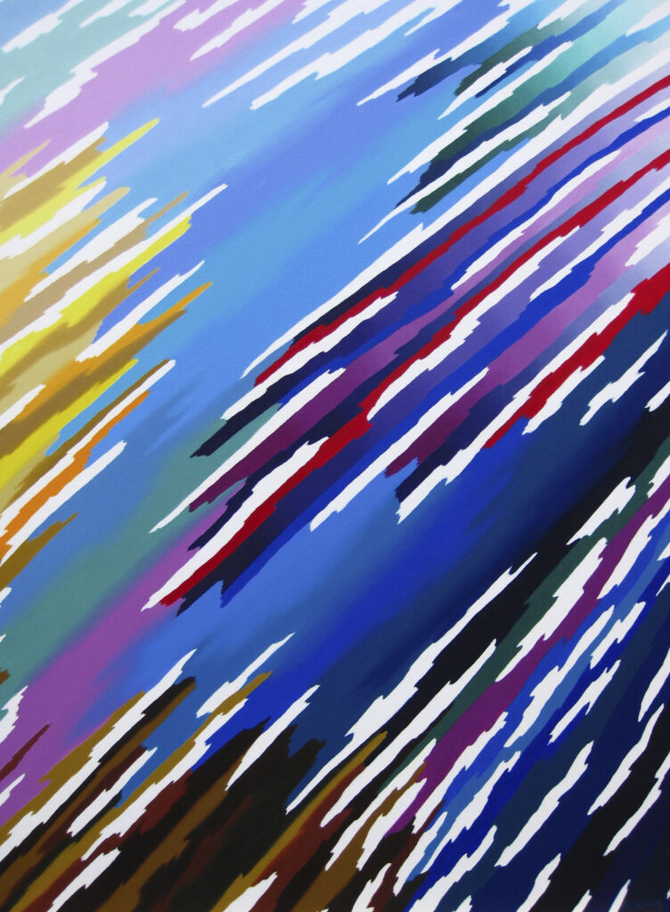 A blue gradient background cut into by white and rainbow stripes on a sharp diagonal line.