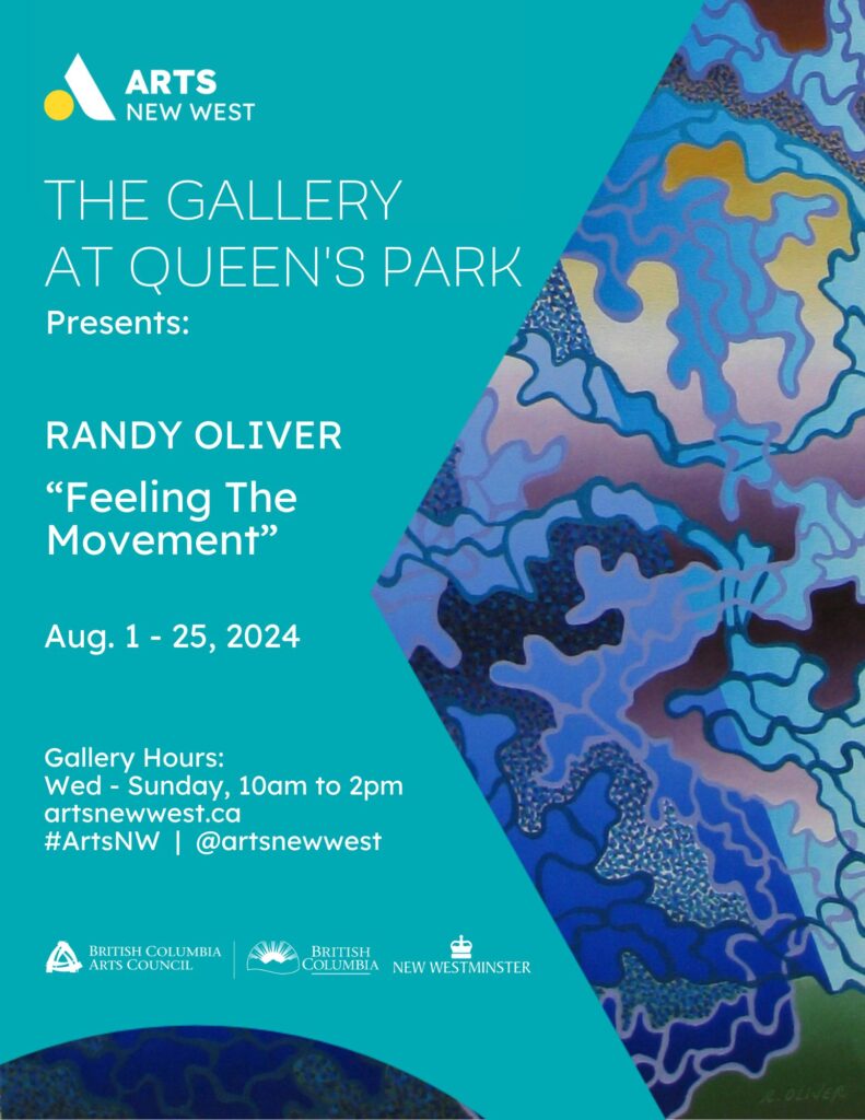 Solid blue abstract shapes cross over various textures and colours in the background. White text on a Teal stripe reads: The Gallery at Queen's Park presents Randy Oliver "Feeling the Movement"