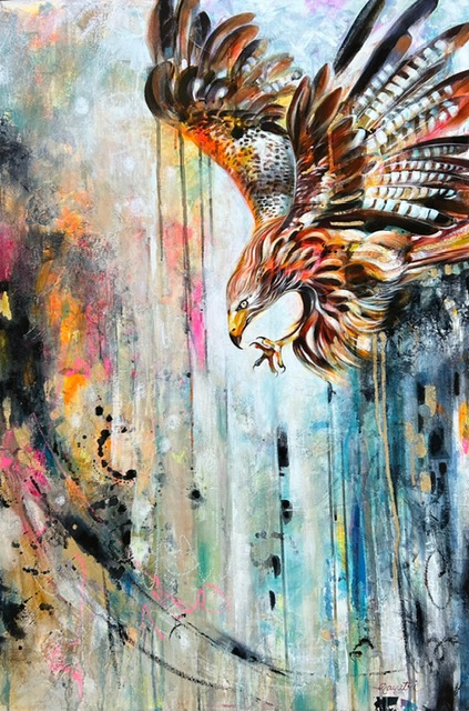 A brown and white eagle swoops down from the top right corner across a melting backdrop of pinks, oranges, and blues across white.