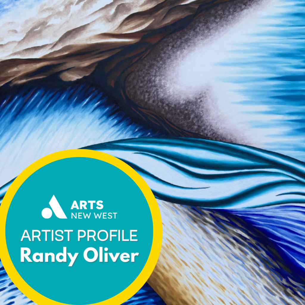 Flowing, abstract shapes in blue and yellow curve around each other. The Arts New West logo is featured. Text reads: Artist Profile, Randy Oliver