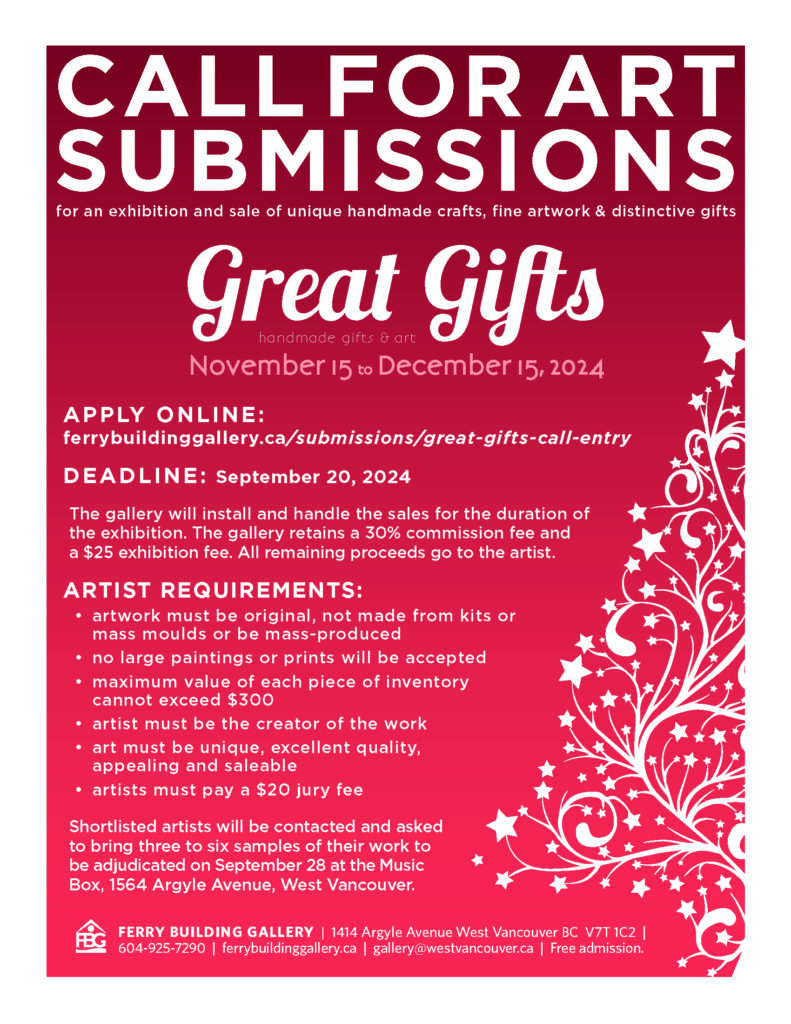 White text on a red background reads: Call for art submissions for an exhibition and sale of unique handmade crafts, fine artwork, and distinctive gifts. Great Gifts.