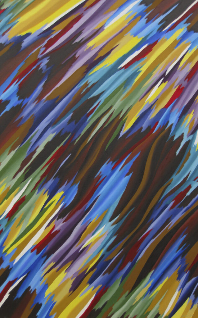 Bold strokes and waves in yellow, purple, red, and brown streak in diagonal across the canvas.