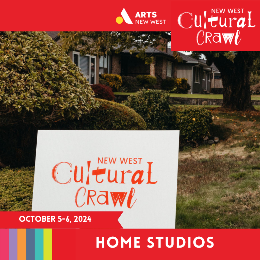 A white a red lawn sign with the cultural crawl logo sits outside a small family home on a residential street. White text on a red stripe reads: New West Cultural Crawl Home Studios