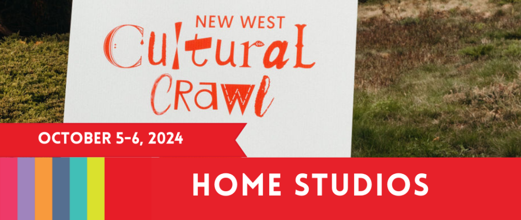 A white sign with a red Cultural Crawl logo sits on a lawn in a residential neighbourhood. White text on a red stripe reads: Home Studio Tours