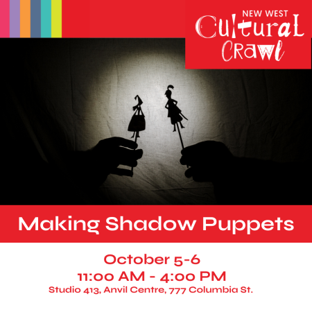 Silhouettes of a Princess and Prince shadow puppets cast against a white sheet in the centre of a spotlight