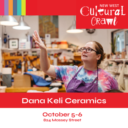 Keli gestures upwards at a shelf of pottery, her studio in the background full of supplies and unfinished pottery