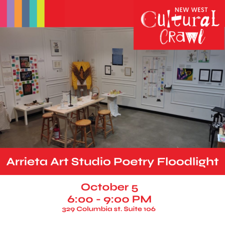 The white interior of the arrieta art studio with art hung on all of the walls. A wooden table surrounded by stools on the left. The New West Cultural Crawl logo is featured.