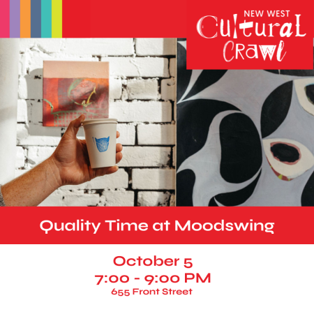 A coffee cup with the Moodswings logo stamped on the front is help up between two abstract paintings hung on a white brick wall. The New West Cultural Crawl logo is featured.