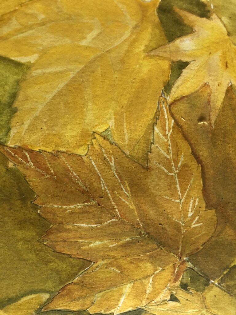 Leaves in hues of bright yellow to almost brown cover the entire canvas.