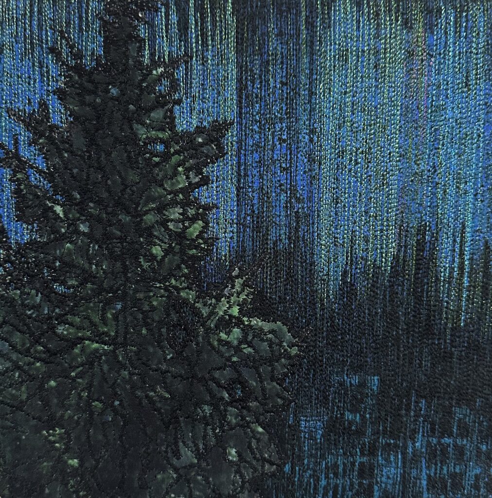 A painting of a dark green tree standing before a blue and yellow aurora. Artist July Villett