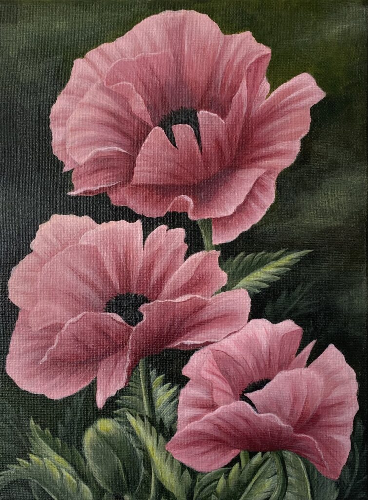 Pink poppies painted onto a dark green background. Artist Marnie Edge Rose.