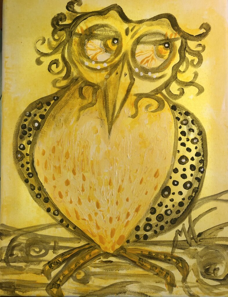 A yellow owl made up of various curving brush strokes and geometric patterns.